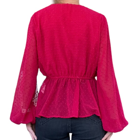 PrettyLittleThing Womens M Dark Red Swiss Dot Tie Front Wrap Sheer Peplum Blouse - Picture 4 of 13